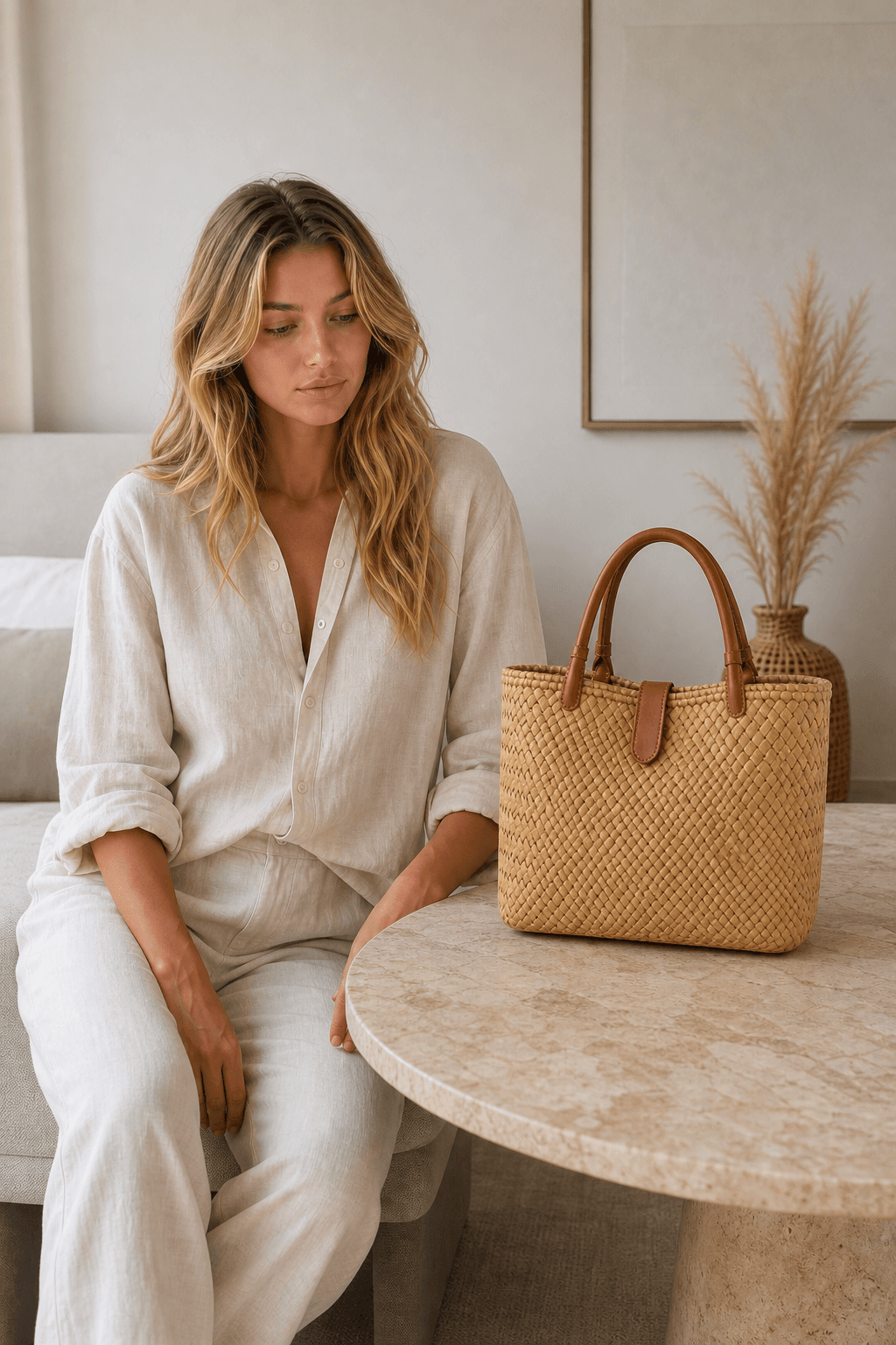 Flat lay of the handbag on a styled table