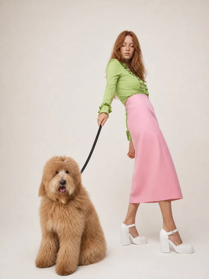 Playful studio editorial — model in a green blouse and pink skirt walking a goldendoodle