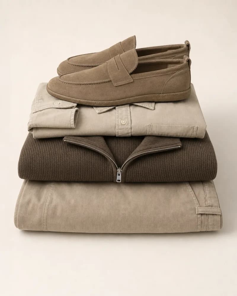 Folded product stack — jumper, shirt and shoes as a clean still life