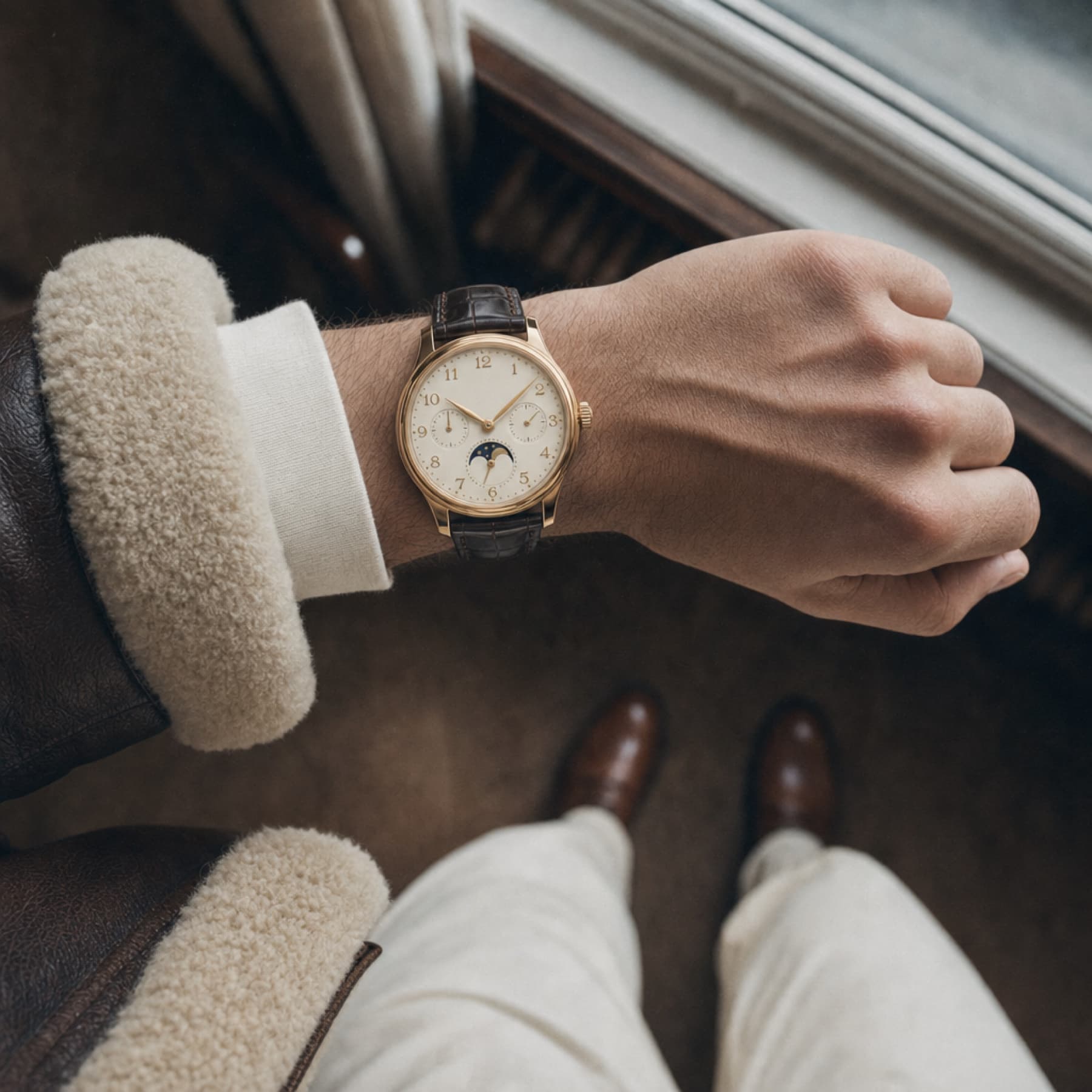 Luxury watch photographed on the wrist in soft natural light
