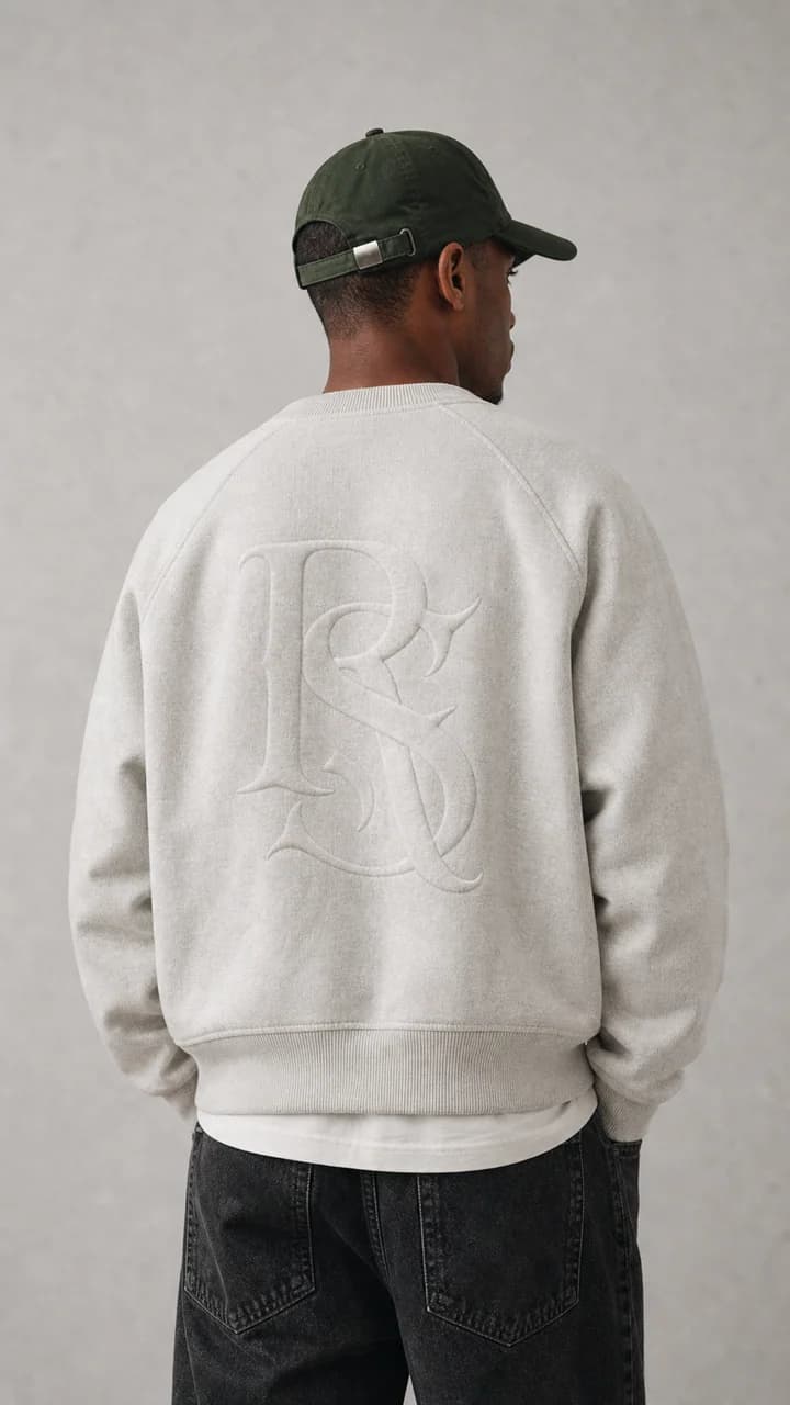 Back-view editorial menswear image showing an off-white sweatshirt and cap campaign look