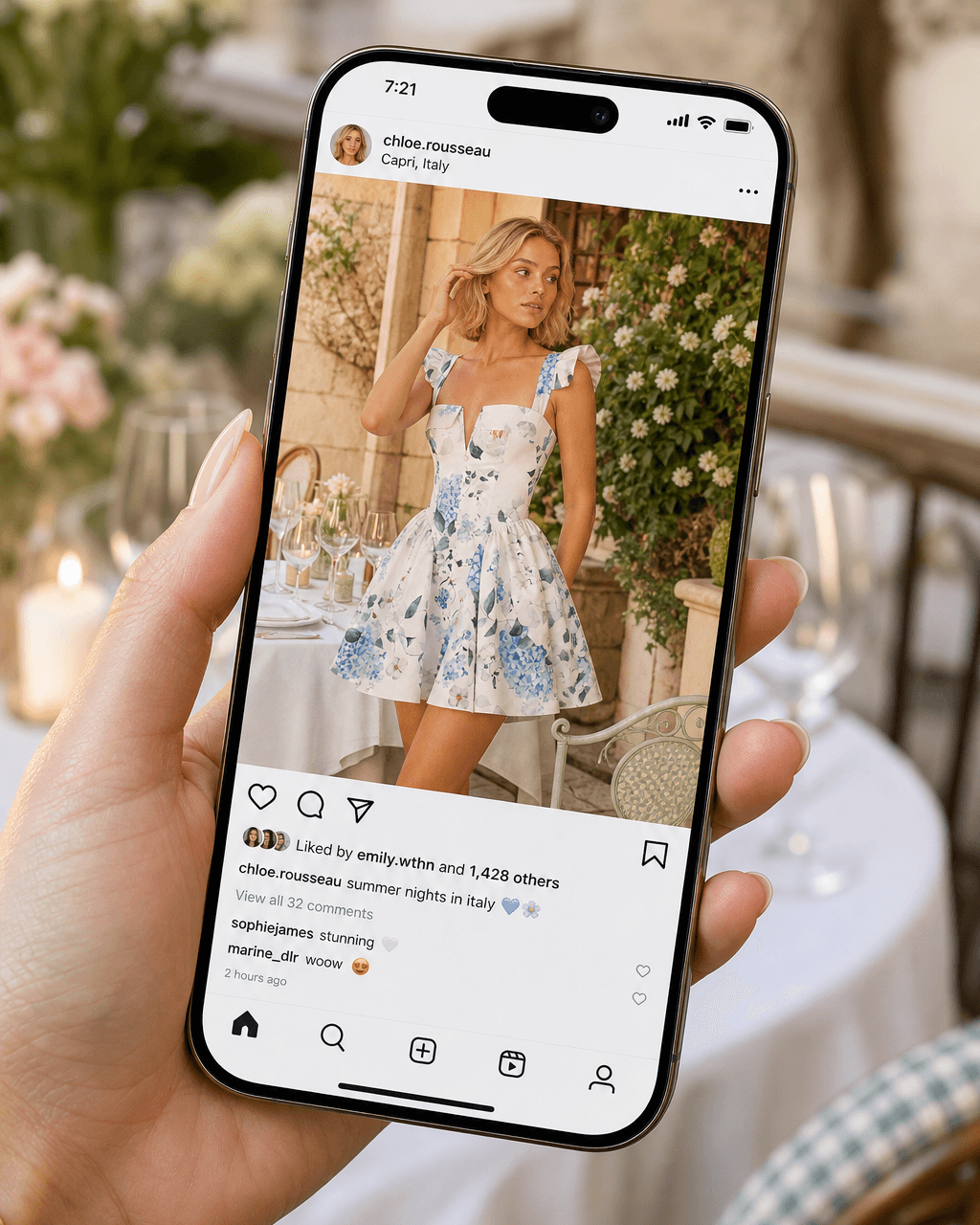Instagram-style phone mock-up showing the blonde model wearing the blue floral mini dress