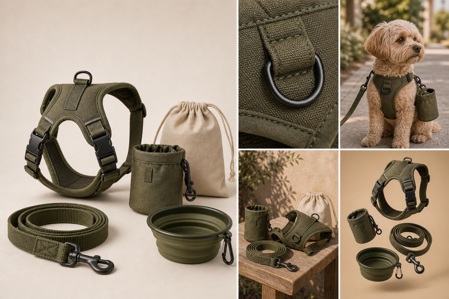 Illustrative AI-assisted content pack for a small pet accessories brand showing PDP, detail, lifestyle, and channel variants.