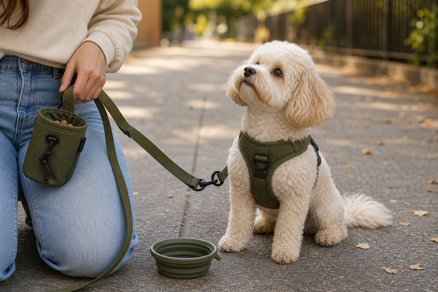 Illustrative AI-generated lifestyle campaign image of a small dog wearing an olive harness with matching leash, treat pouch, and travel bowl.