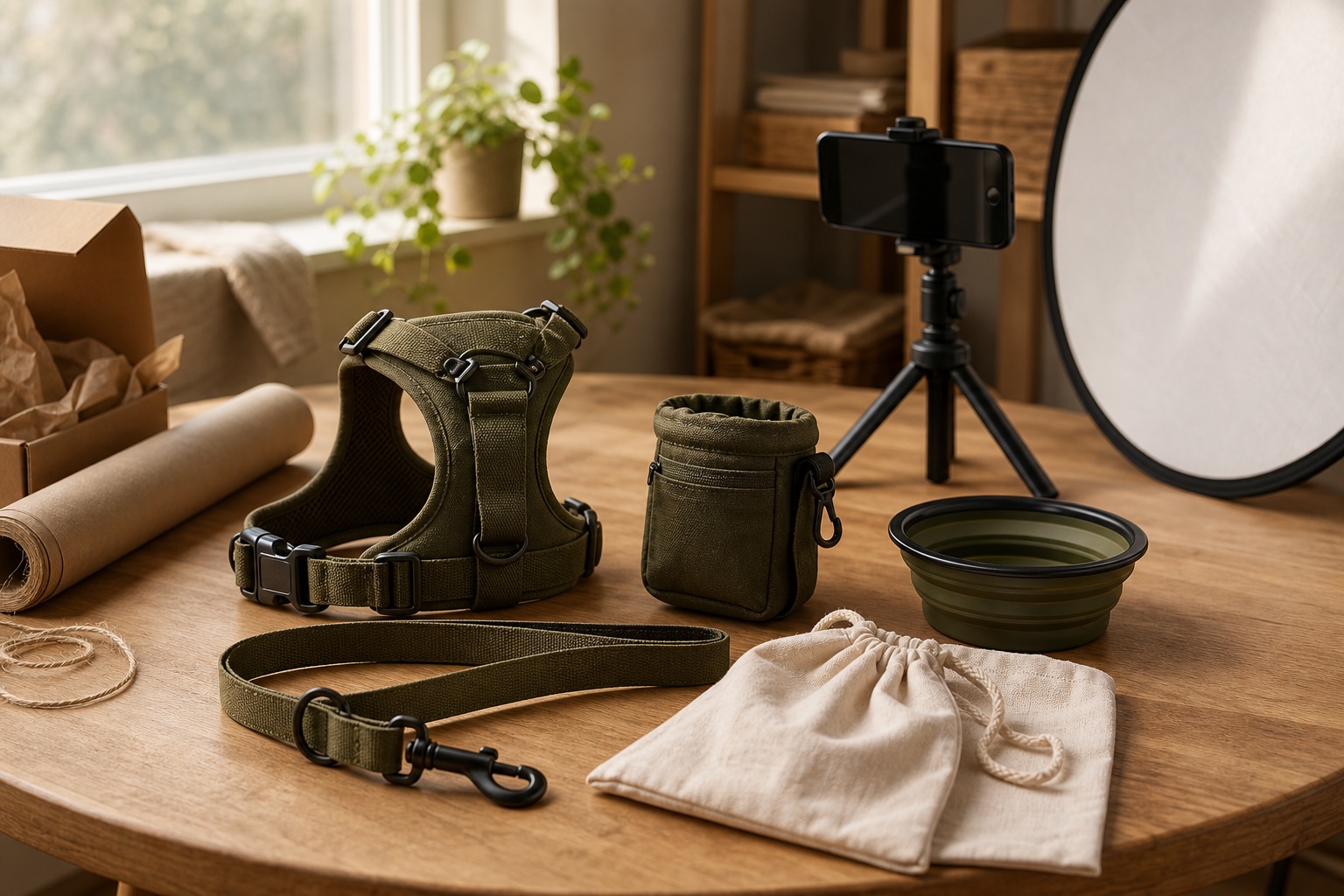A small pet accessories product set arranged in a home studio workflow with a phone tripod and reflector.