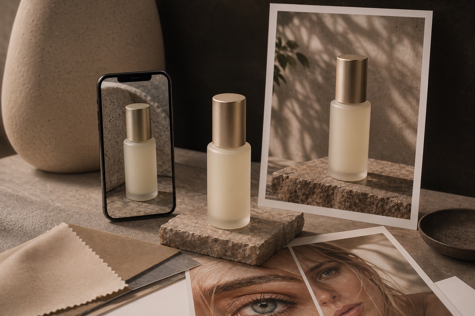 Illustrative AI-generated image of a label-free serum bottle across ecommerce product, phone preview, and editorial campaign proofs