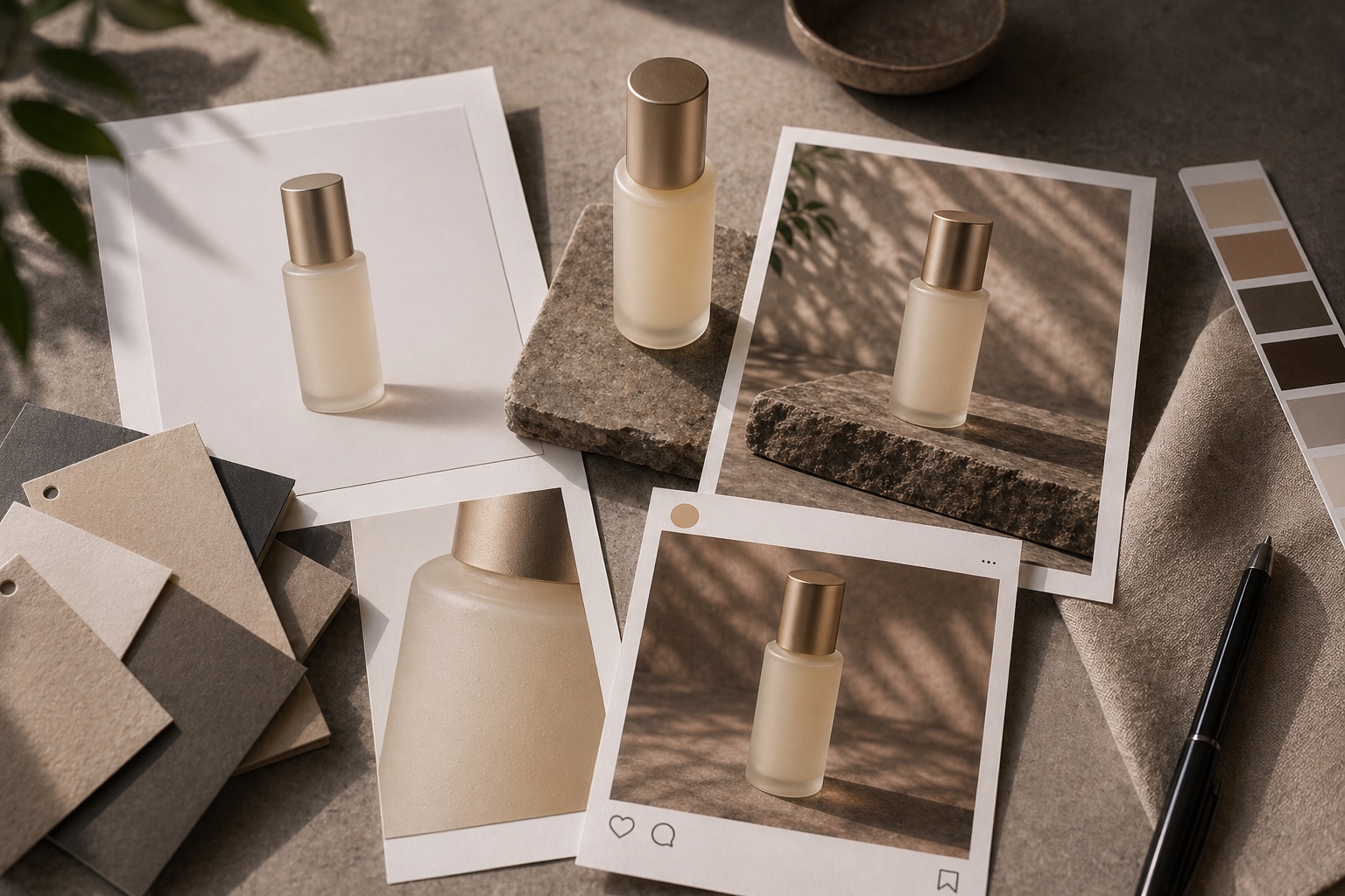 Illustrative AI-generated image of consistent label-free serum bottle proofs across multiple ecommerce creative outputs
