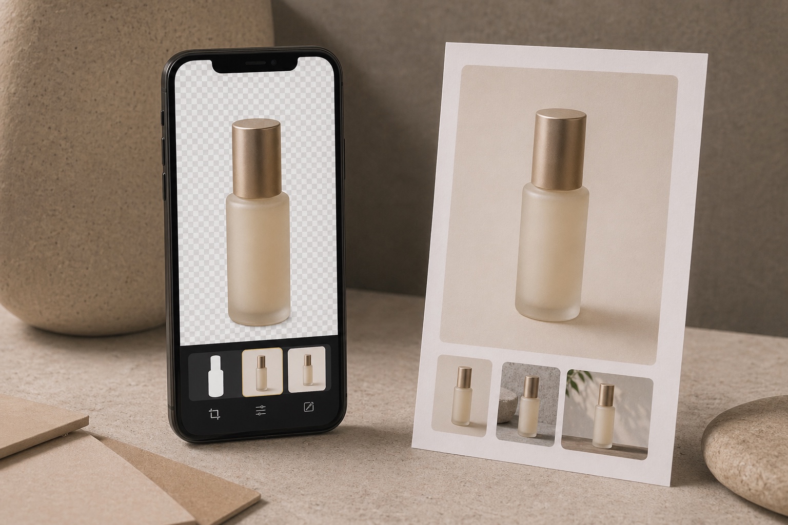 Illustrative AI-generated image of a label-free serum bottle in a mobile cutout and template-editing workflow