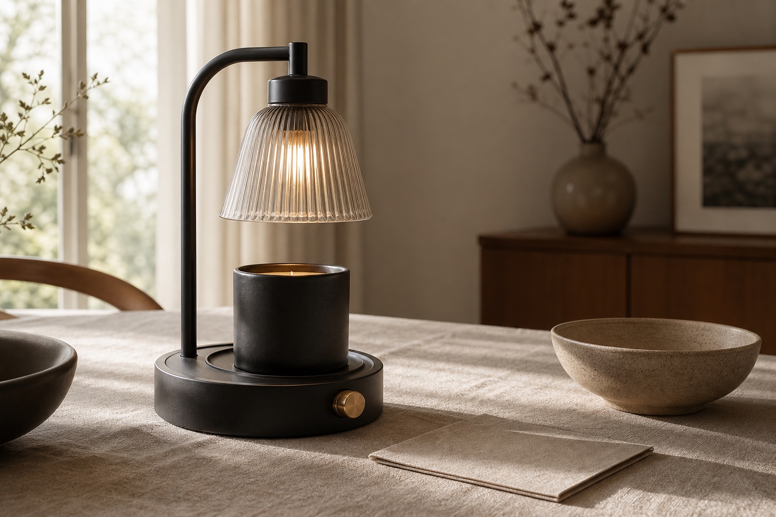 A matte black candle warmer photographed in a warm homeware editorial setting.