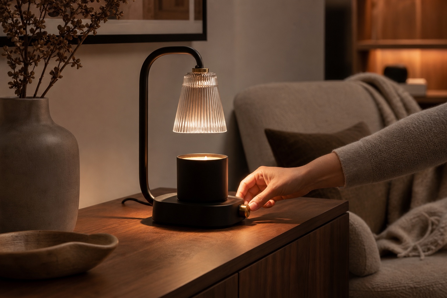 A matte black candle warmer shown in a warm home setting with a hand adjusting the brass dimmer.