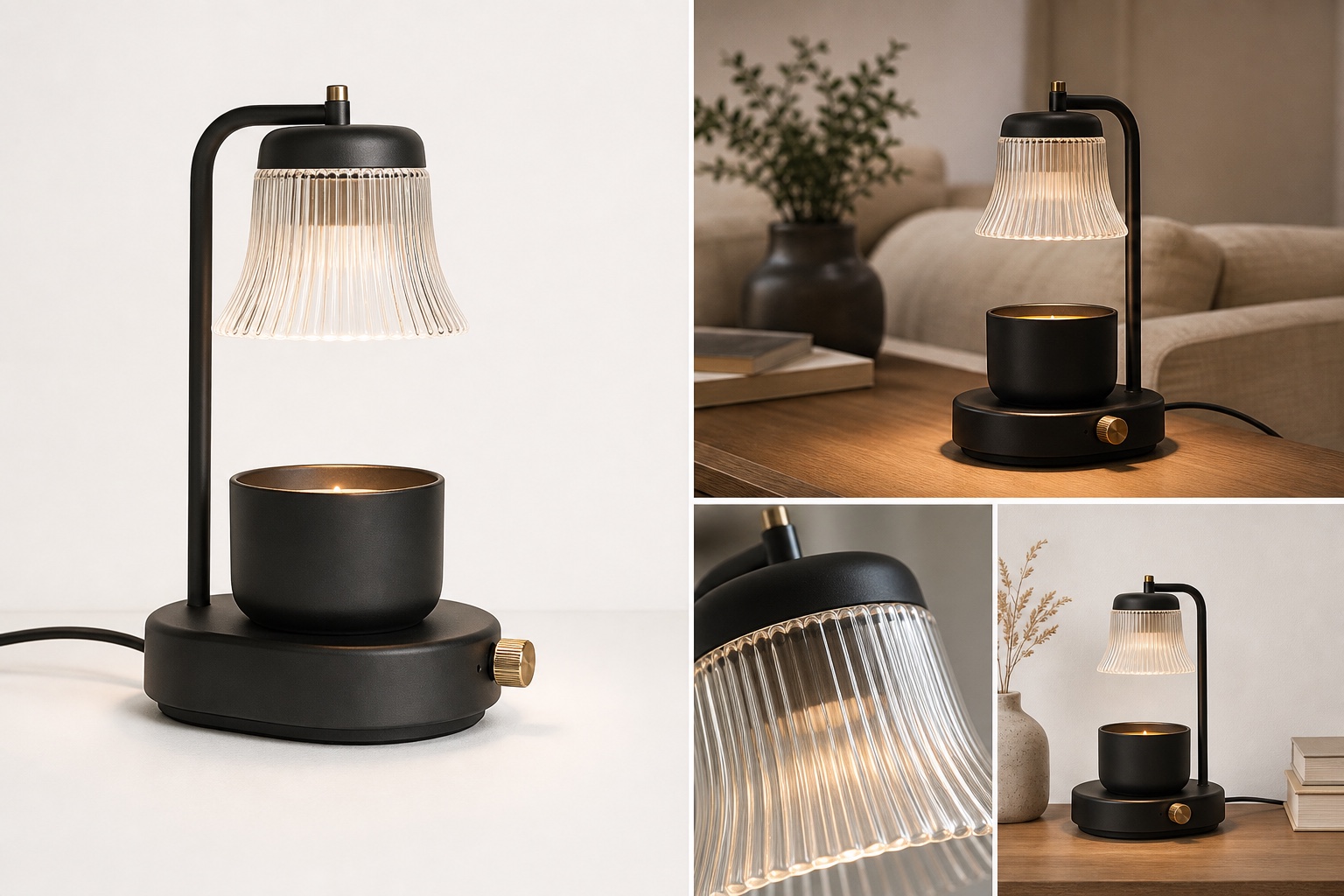 A clean ecommerce gallery sequence for a matte black candle warmer showing studio, lifestyle, detail, and scale views.