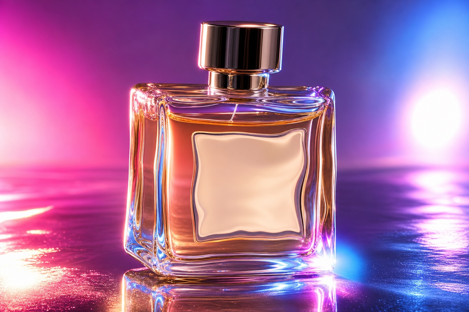 Intentionally flawed AI-generated perfume product image with warped glass, tacky neon lighting, and distorted blank label edges