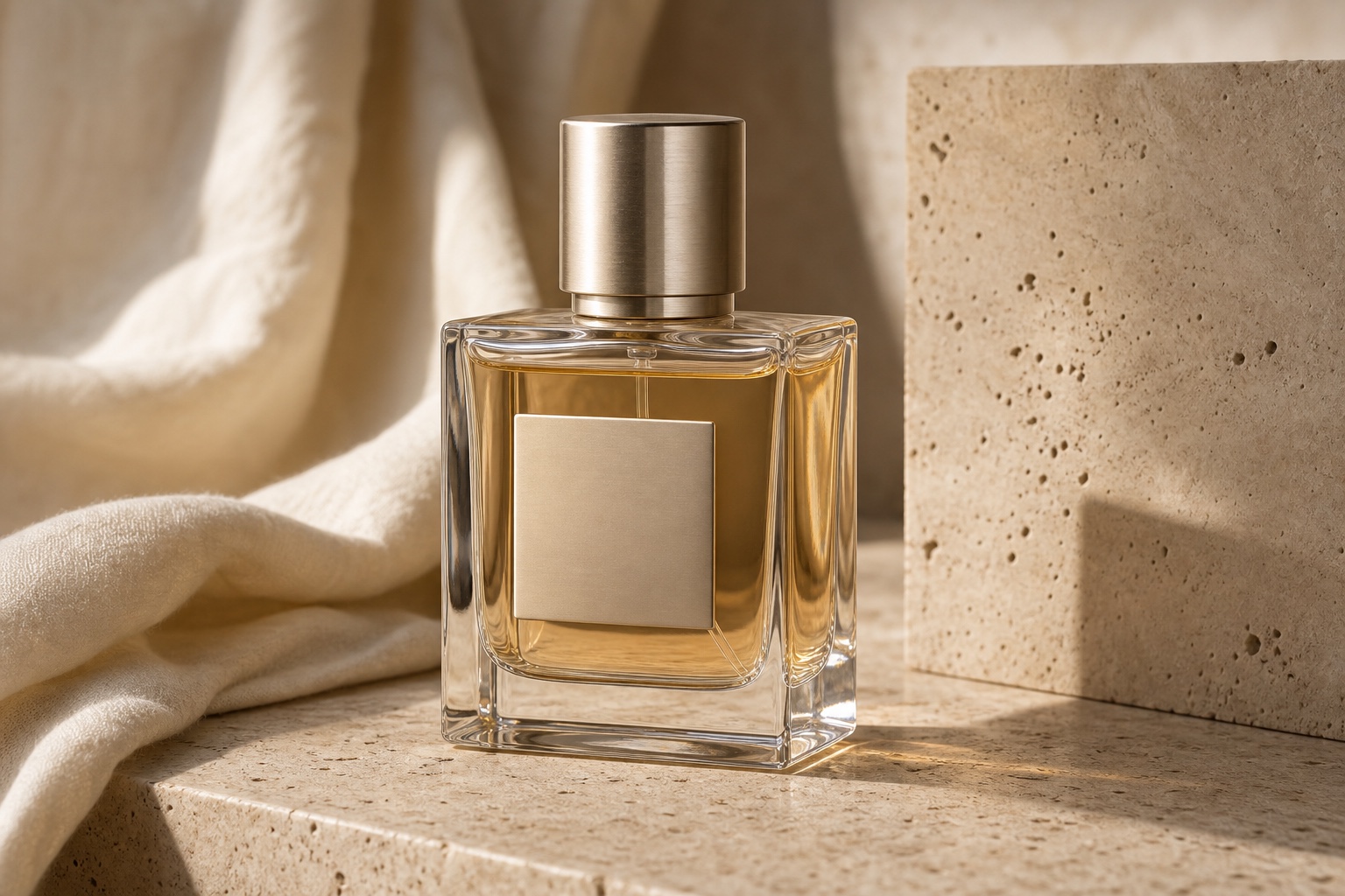 Realistic editorial AI-generated perfume product image with crisp glass edges, coherent reflections, and warm stone styling