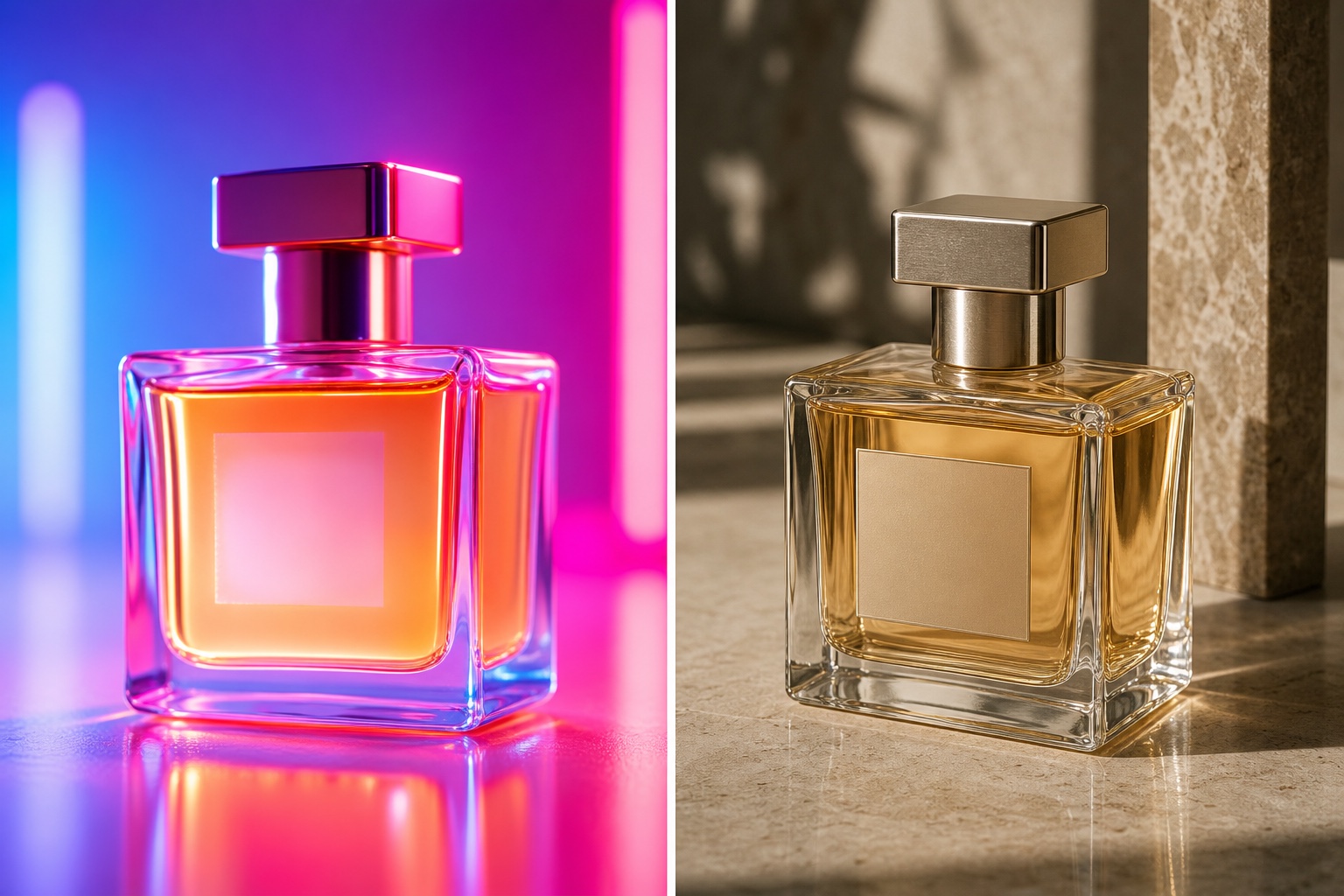 Split comparison of a fake-looking AI perfume image beside a realistic editorial perfume product photo