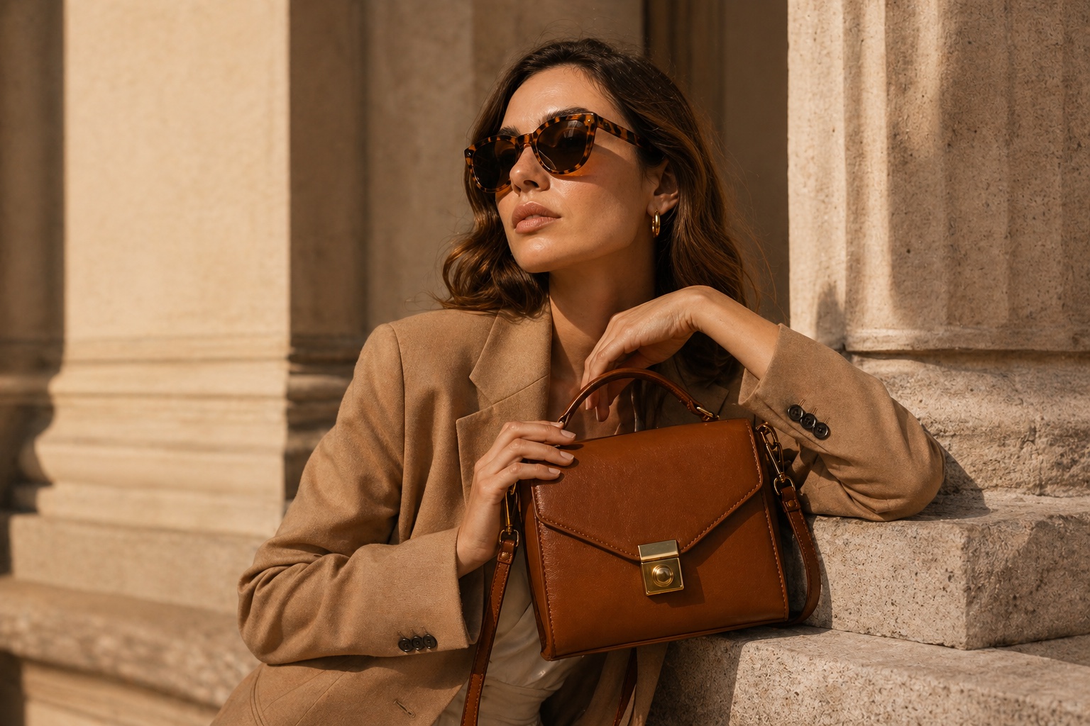 Illustrative AI-generated ecommerce campaign photograph with a model holding a tan handbag