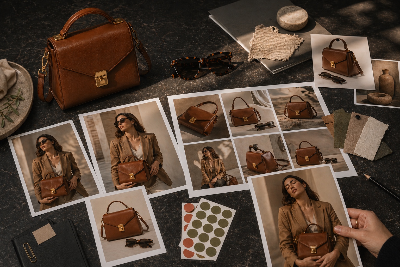 Illustrative AI-generated image of consistent handbag product proofs, campaign prints, and creative review materials