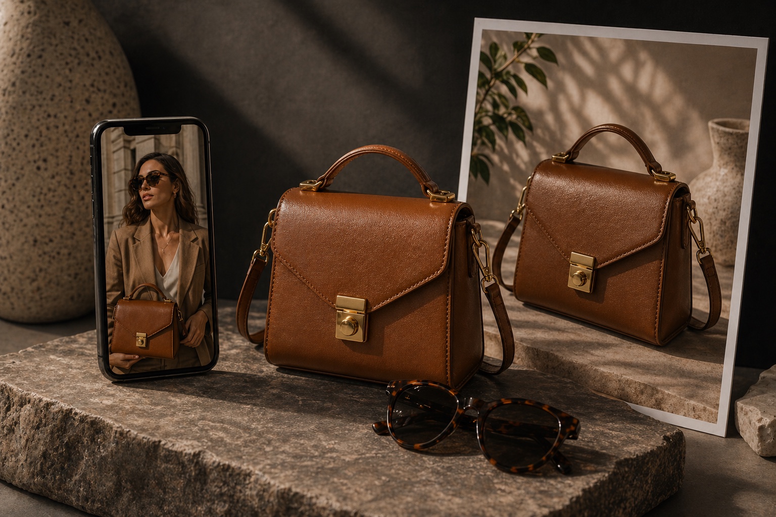 Tan handbag, phone ad preview, and ecommerce product photo styled for an AI creative workflow comparison