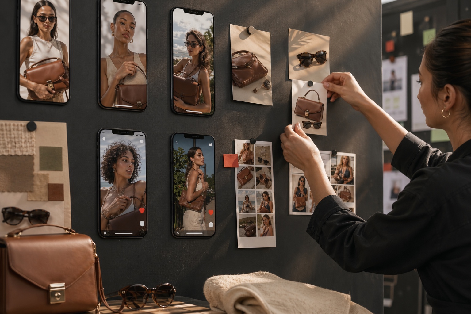 Illustrative AI-generated image of phone ad variations and product visuals pinned to a creative wall
