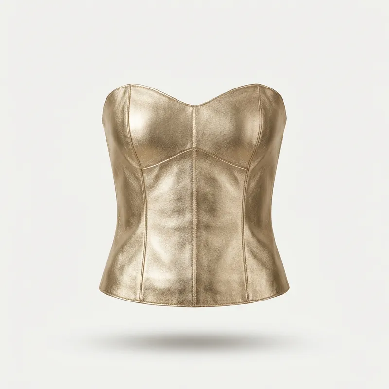AI-generated studio product photo: gold corset on clean white background